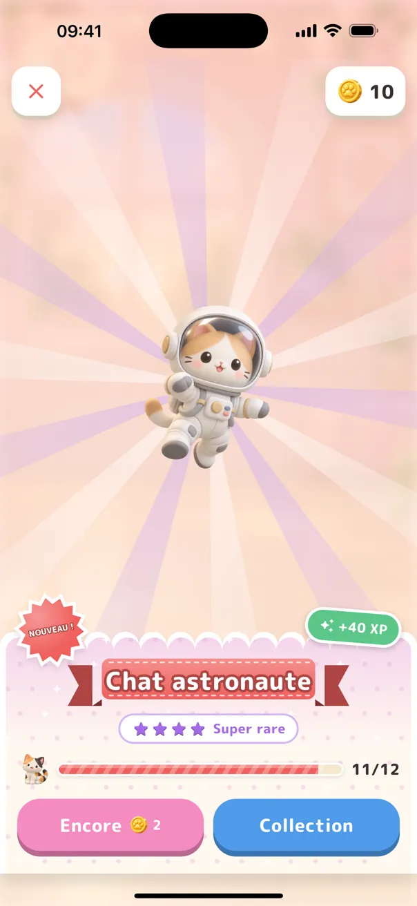 Une capsule ouverte : le Chat astronaute, super rare, marqué « Nouveau ! », avec +40 XP