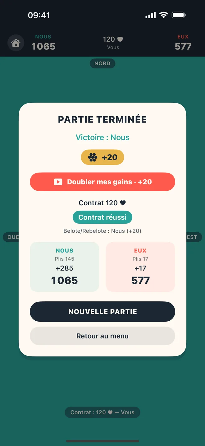 Fin de partie gagnée 1065 à 577 : contrat 120 cœur réussi, +20 pièces