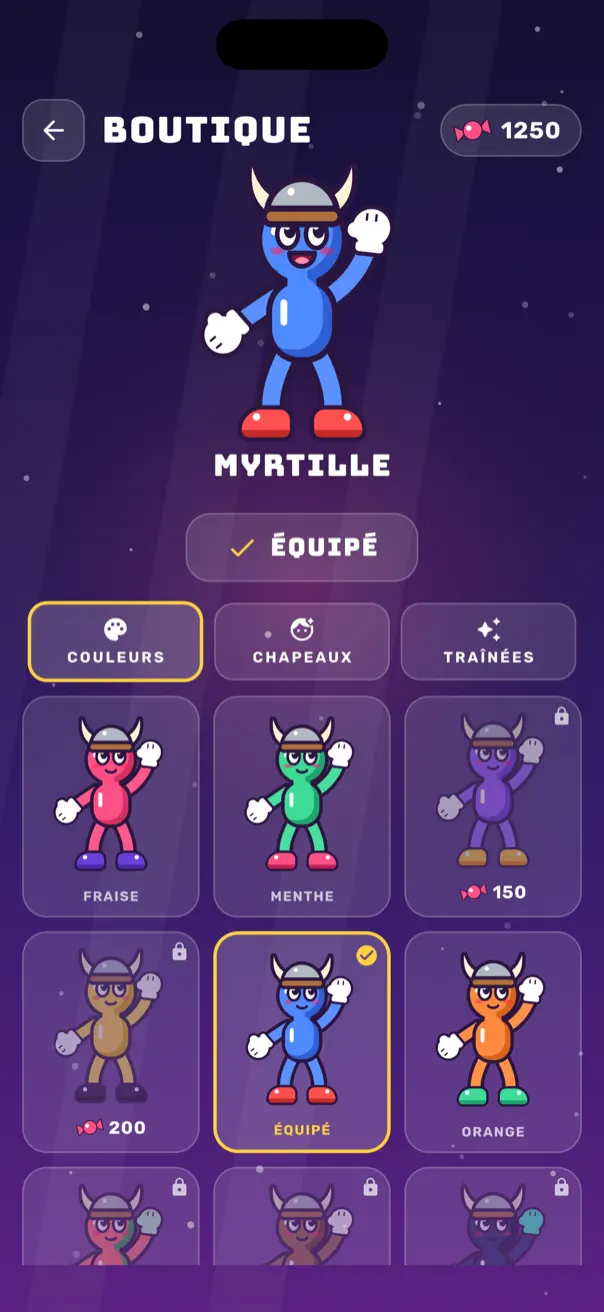 La boutique : couleurs, chapeaux et traînées à débloquer avec les bonbons gagnés en jouant