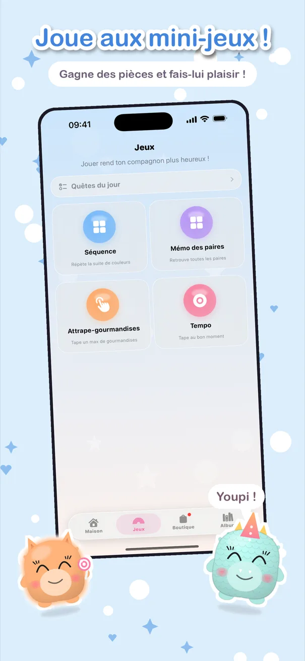 Les quatre mini-jeux : Séquence, Mémo des paires, Attrape-gourmandises et Tempo