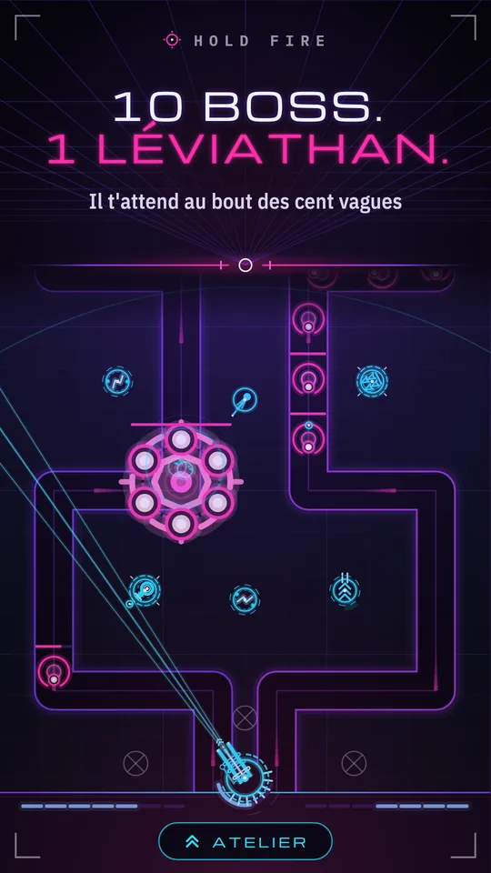 Un boss hexagonal magenta au milieu des couloirs, face aux tourelles cyan