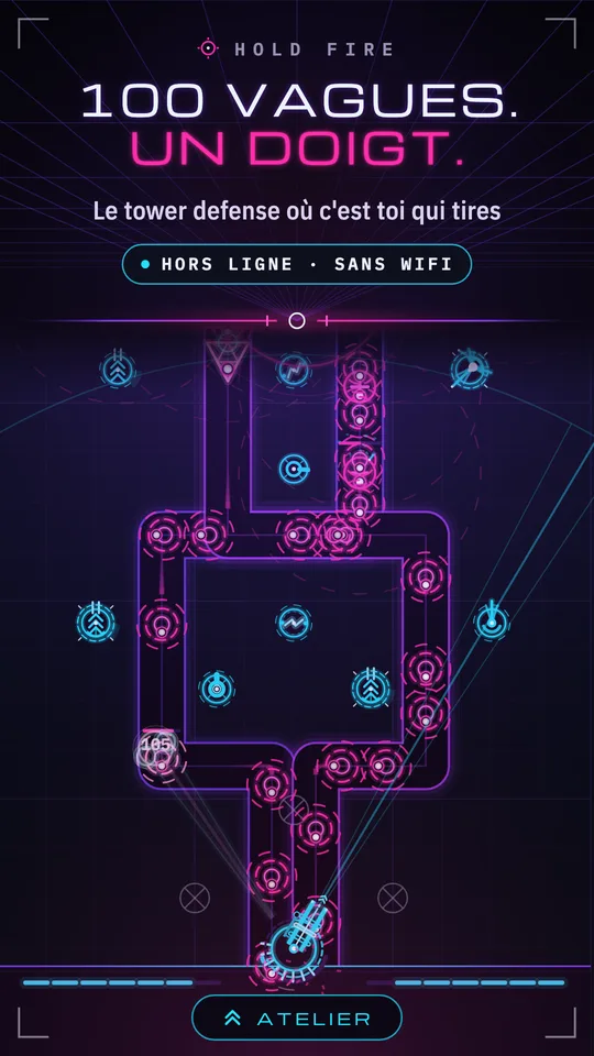 Une vague en cours : des ennemis magenta descendent le couloir vers la base, tourelles cyan de part et d'autre, canon en bas de l'écran