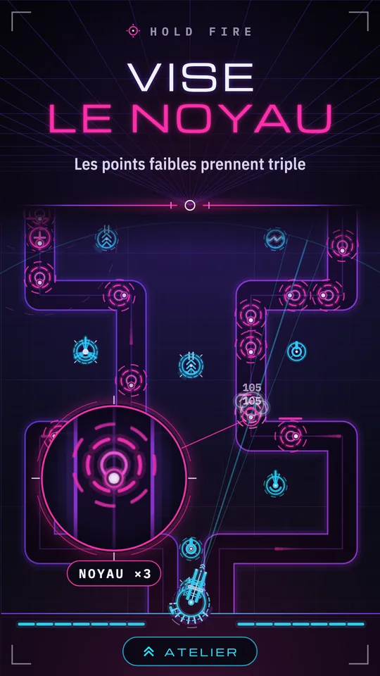 Le tir du canon sur le noyau blanc d'un ennemi, qui encaisse trois fois plus de dégâts