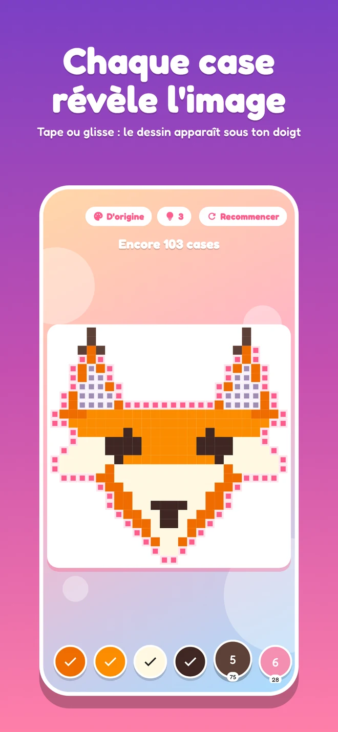 Un renard à moitié colorié, numéros encore visibles