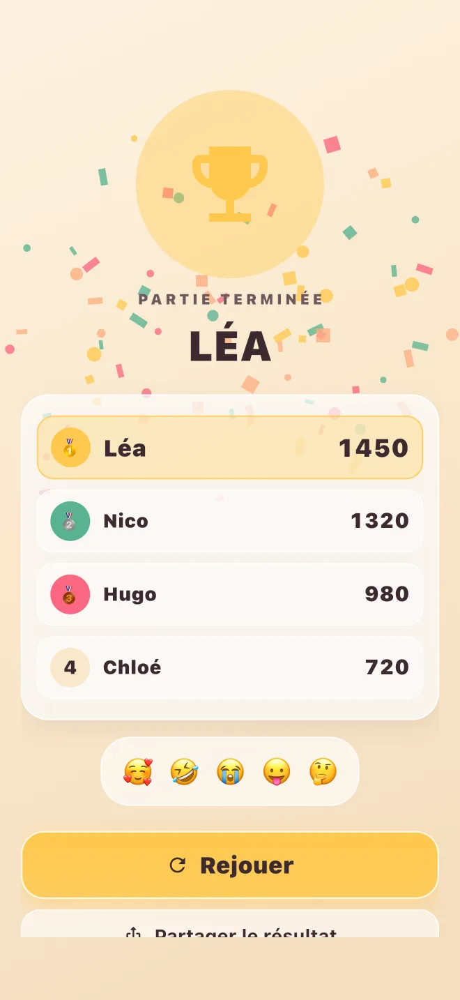 Fin de partie : Léa remporte le podium, les scores des quatre joueurs et le bouton Rejouer