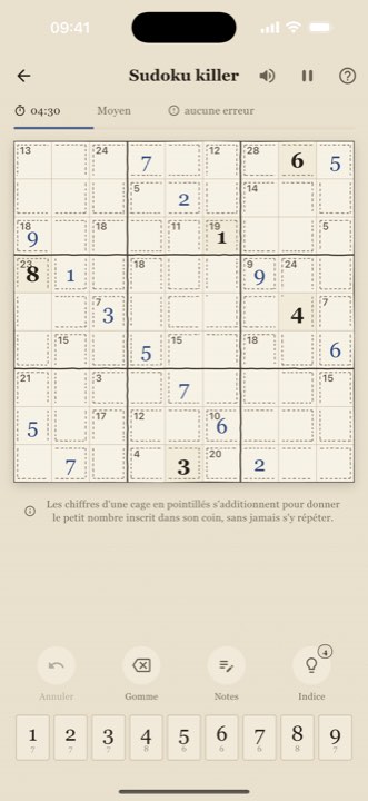 Partie de Sudoku killer en cours