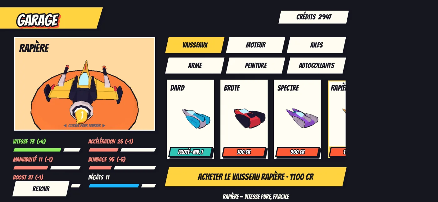 Le garage : le vaisseau Rapière, ses caractéristiques, et les onglets Vaisseaux, Moteur, Ailes, Arme, Peinture et Autocollants