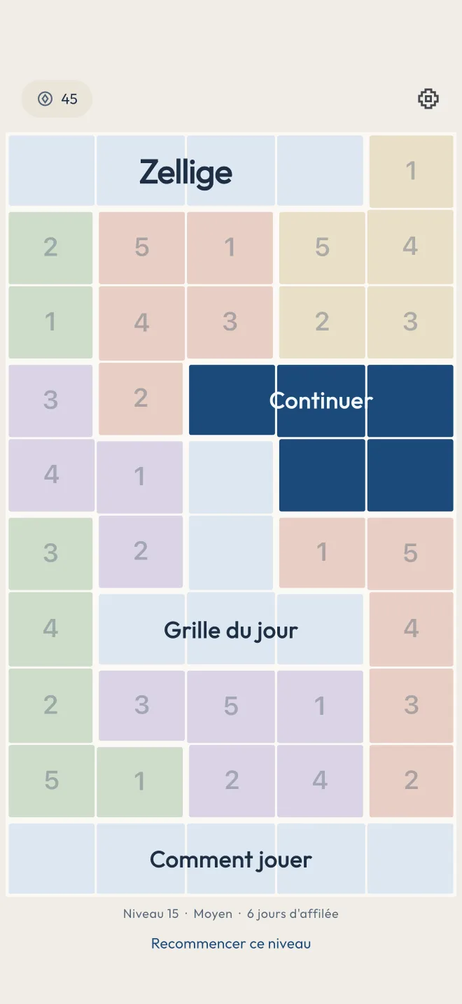L'accueil est lui-même une grille de Tectonic : Continuer, Grille du jour et Comment jouer sont des blocs